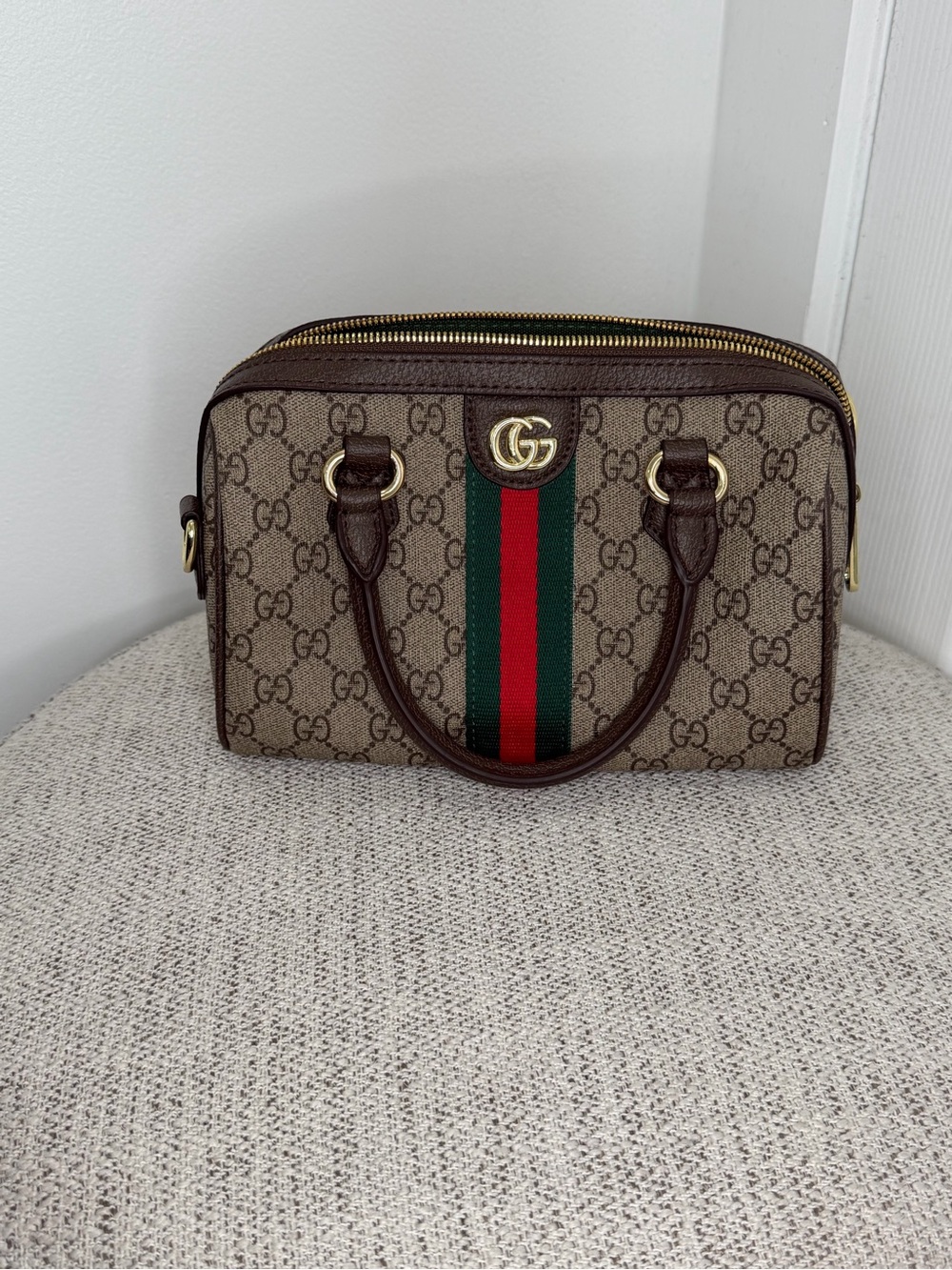 Gucci Brown GG Supreme Satchel with Green-Red Web Stripe